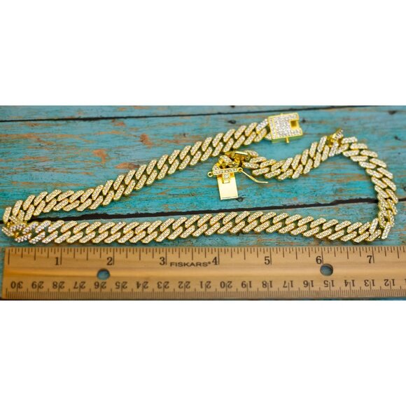 19 inch, Vintage Geometric Links Clear Rhinestones Gold Tone Chain Necklace - P2 - Picture 3 of 3